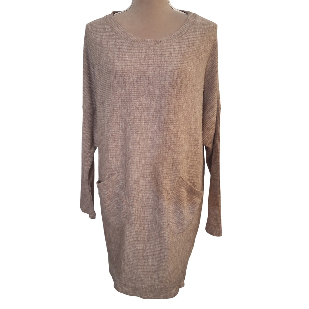 Young Threads NYC Tan Ribbed Knit Pocket Sweater Dress XL Oversized Marled Taupe